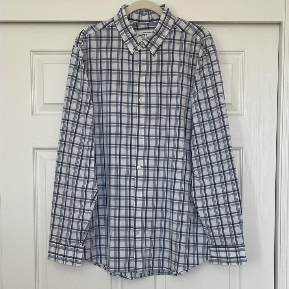 NWOT Mizzen+Main Blue and White Plaid Leeward Dress Shirt Men's XL Trim Fit